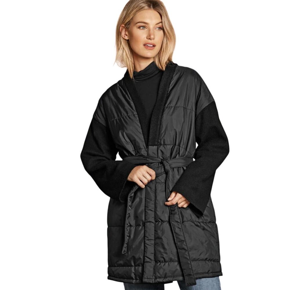 Eileen Fisher Quilted Recycled-Nylon & Boiled Wool Coat Size Small Puff Longline